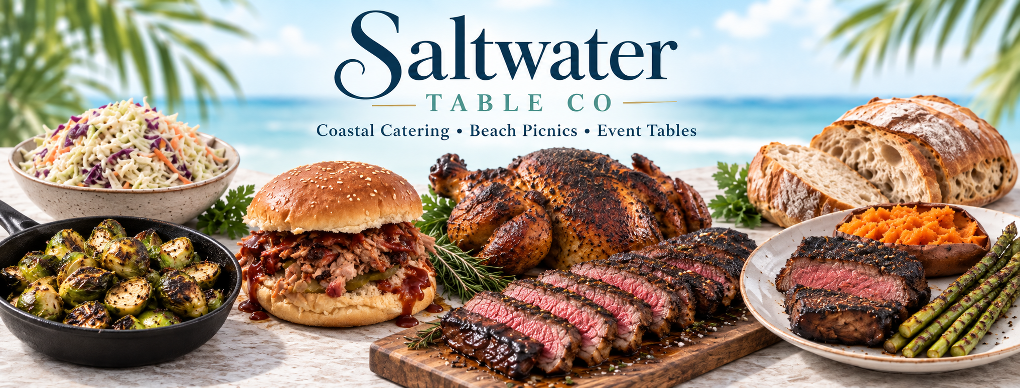 Saltwater Table Co. coastal catering banner with smoked meats and sides by the water